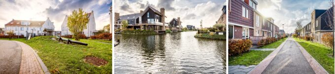 Drie afbeeldingen van huizen langs een kanaal, een weg en een pad. Onderdeel van het drieluik van deelgebied Sion, met diverse stijlen en details.
